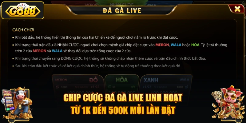 Chip cược đá gà live linh hoạt từ 1K đến 500K mỗi lần đặt